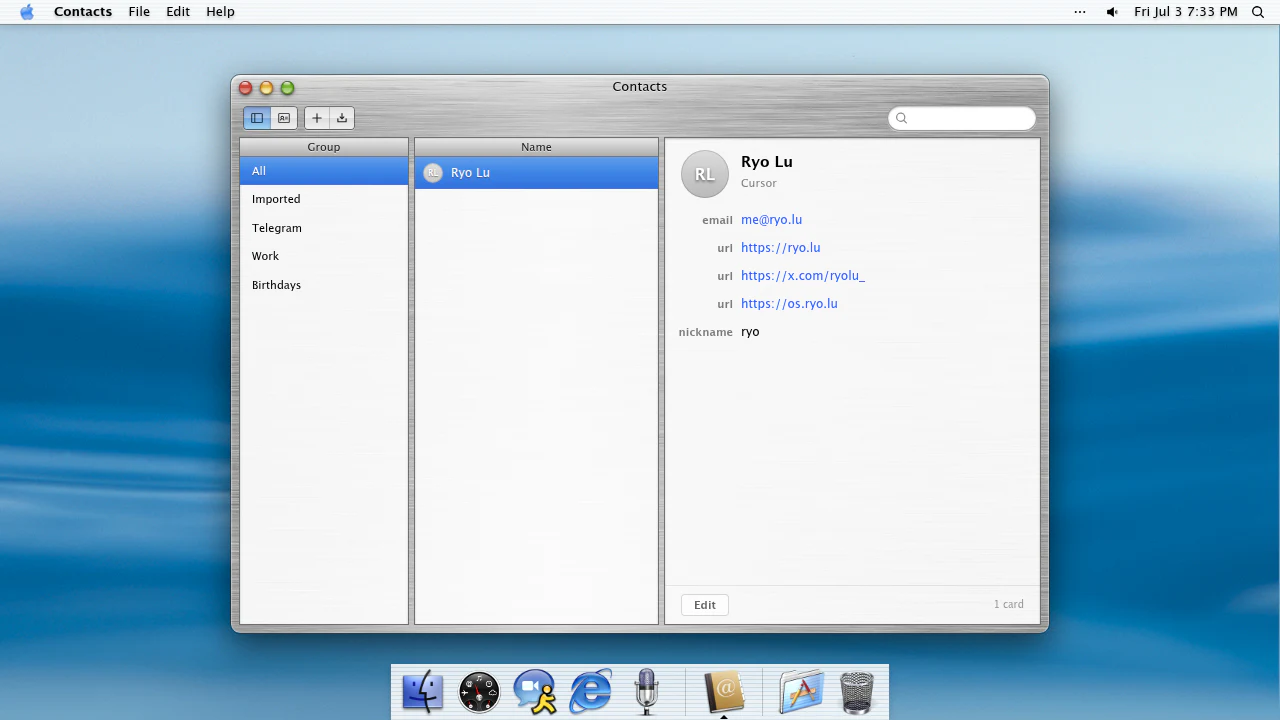 Contacts in the March 2026 ryOS snapshot